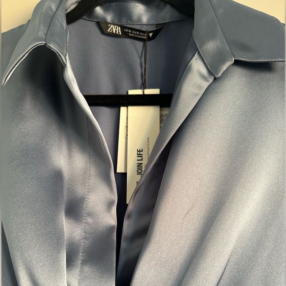 Zara Satin Mini Dress with long sleeves. New with tags XS, light blue - Picture 8 of 14